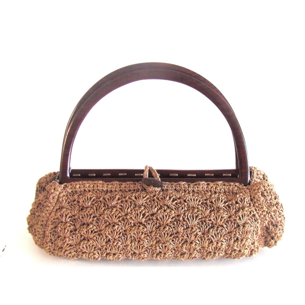 DESIGNER TOTE LE MONDE TAN CROCHET BROWN WOOD DOUBLE HANDLES BUTTON CLOSURE BAG - Picture 3 of 16
